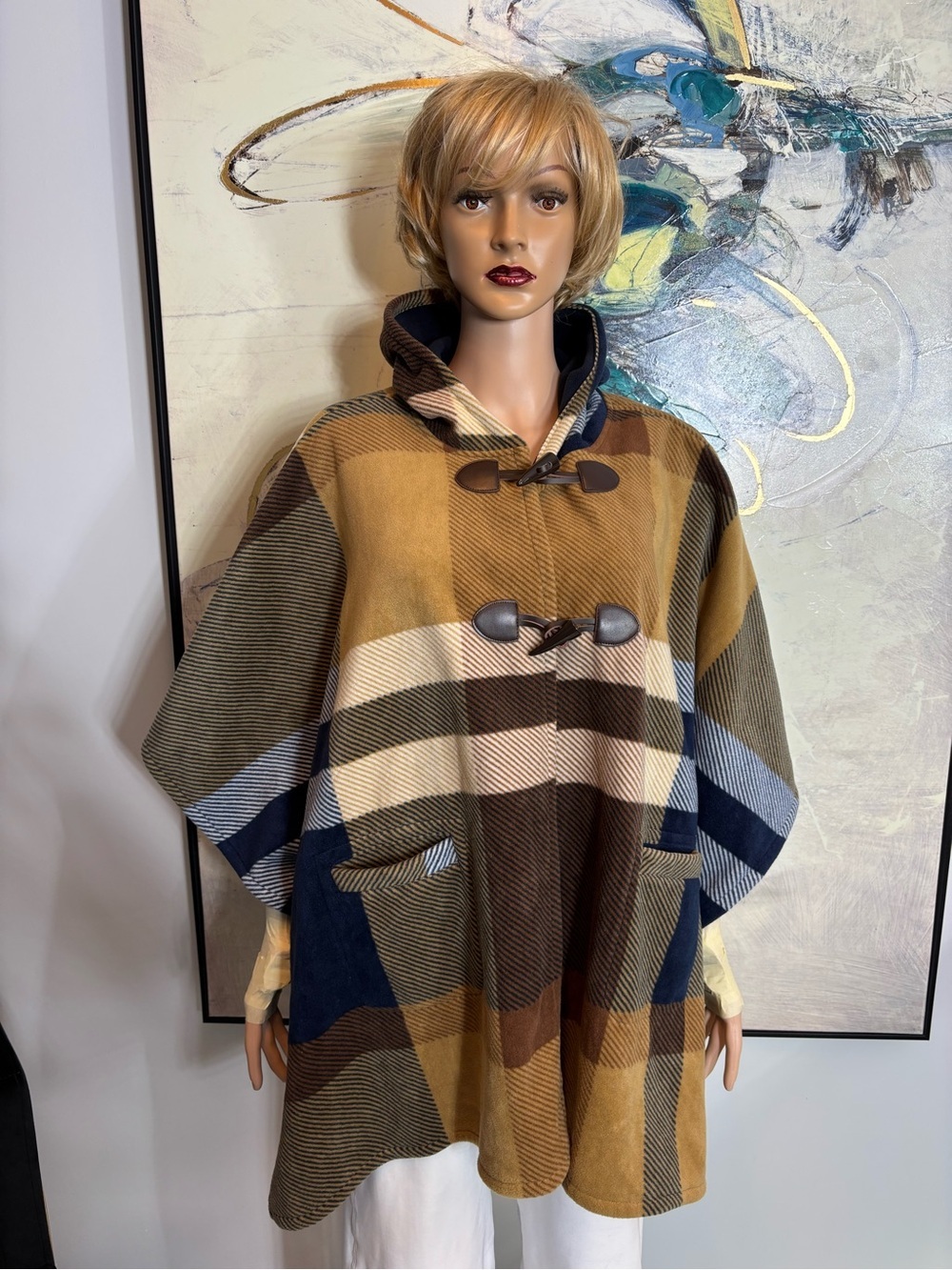 RACHEL Rachel Roy Hooded Plaid Poncho Sweater in Brown, Navy & Cream - Picture 2 of 15